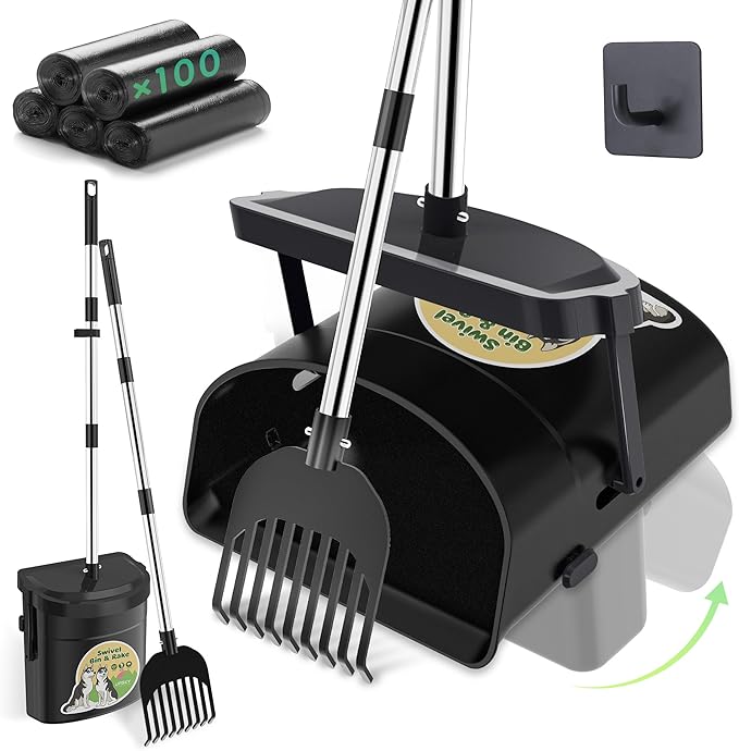 UPSKY Dog Pooper Scooper Swivel Bin & Rake Kit with 100 Waste Bags,33.4" Stainless Steel Long Handle Heavy Duty Pet Poop Shovel for Large Medium Small Dogs, Odor-Proof Lid for Yard/Lawn/Outdoor Use