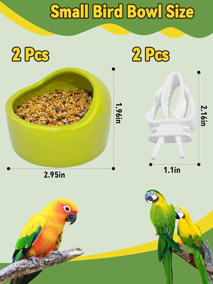 2 Pcs Ceramic Bird Food Bowls Parakeet Cage Water Bowl Birds Feeding Dish Parrot Water Feeder for Cage for Parakeets Conure Cockatiels Lovebird Budgie (Green)
