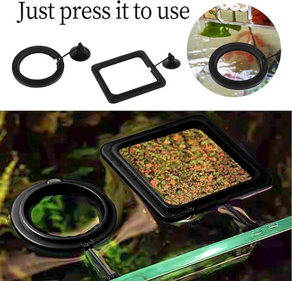 2 PCS Fish Feeding Rings,Black Fish Feeder Round and Square Aquarium Floating Food Feeder Circle with Suction Cup Prevent Water Turbulence from Washing Food into Filter for Guppy, Goldfish and Other
