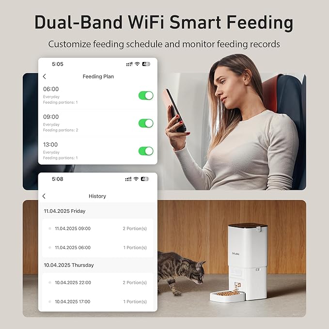 7L/29 Cups Automatic Dog Feeder, 5G WiFi Auto Cat Feeder with Desiccant Bag, Cat Food Dispenser, App Remote Feeding, Stainless Steel Bowl, Dual Power Supply, Ideal for 2-15mm Dry Food