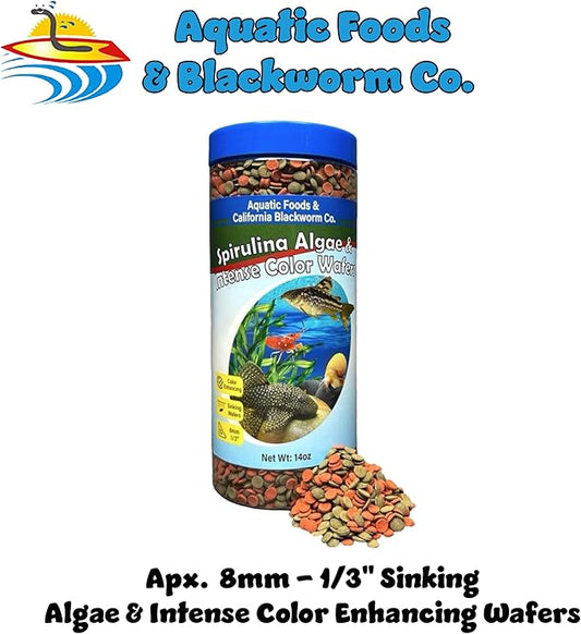 Aquatic Foods Inc. 8mm - 1/3" Small Sinking Wafers of Spirulina, Algae & Color Enhancing Wafers for Bottom Fish, Shrimp, Snails, All Tropical Fish. 4-Type Wafer & 12-Type Pellet Mix Included..1-lb 5oz