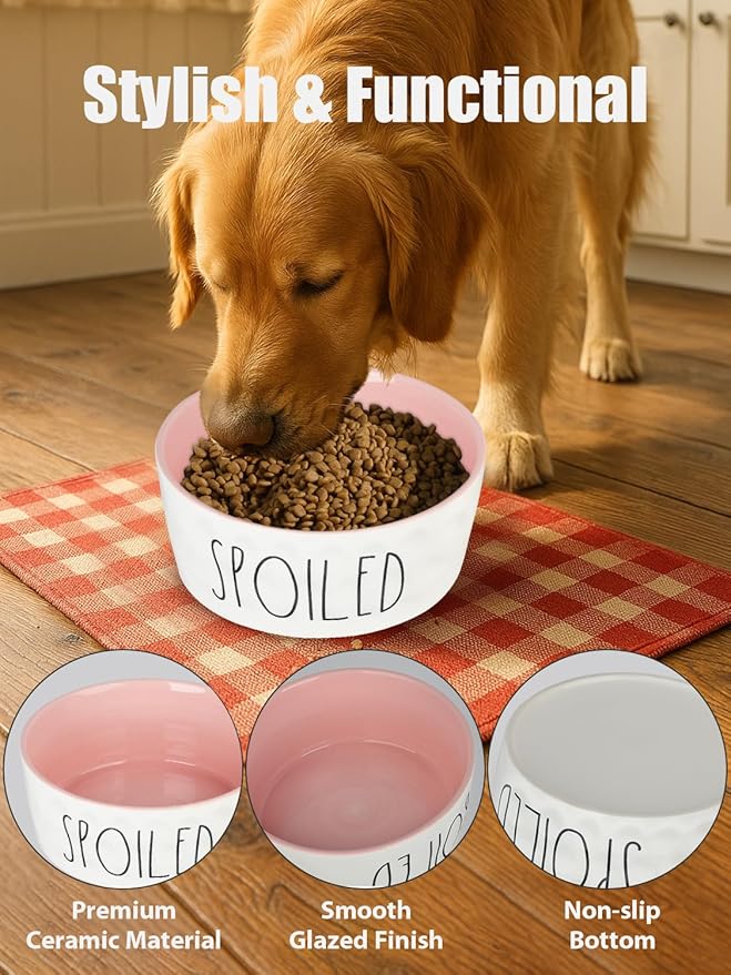 27OZ Ceramic Dog Bowl - 6 Inch Small Food Water Bowl, Heavy Duty Non-Slip Dog Dish for Medium Dogs, Food Grade Porcelain Pet Feeder Bowls, Microwave & Dishwasher Safe, Pink