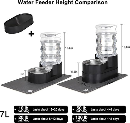 RIZZARI Automatic Cat Water Dispenser: Black 7L Elevated - Stainless Steel Gravity Feeder - Splash Guard Mat