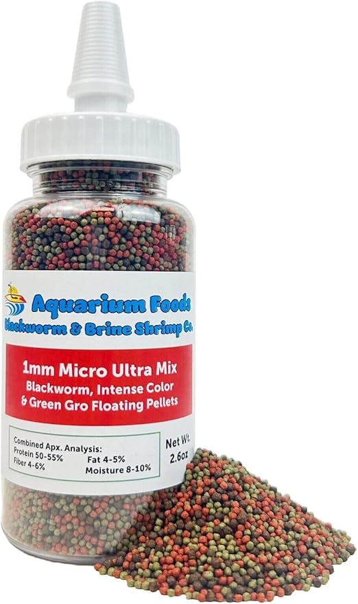 Aquatic Foods Inc. 1mm Ultra Mix of Blackworm, Intense Color Enhancing & Spirulina Green GRO Floating Pellets for Guppies, Tetras, Bettas, Nano Fish, Baby Fish…2.6oz Squeeze Bottle