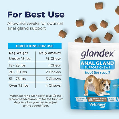 Vetnique Labs Glandex Anal Gland Soft Chew Treats with Pumpkin for Dogs Digestive Enzymes, Probiotics Fiber Supplement for Dogs Boot The Scoot (Peanut Butter Chews, 30 Count)