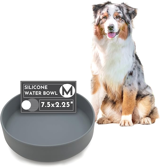 The Perfect Dish No-Spill Dog Water Bowl, Less Mess Non-Tippable Water & Food Bowl, Silicone with Suction Cup, Fits 5 Cups 7.5" Across x 2.25" Tall, Ideal for All Pets, Medium-Charcoal