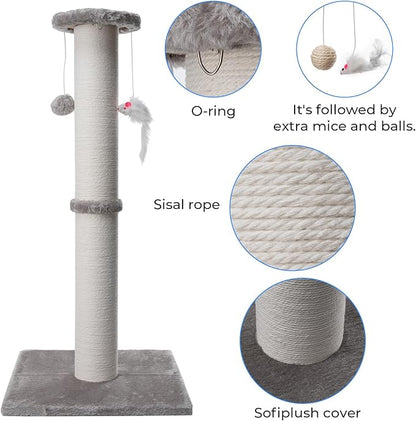 34 Inch Tall Cat Scratching Post for Multi Cat - Cat Scratching Post for Indoor Cats and Kitten with Velvet Large Diameter Scratching Post Top & 2 Hanging Ball Toy