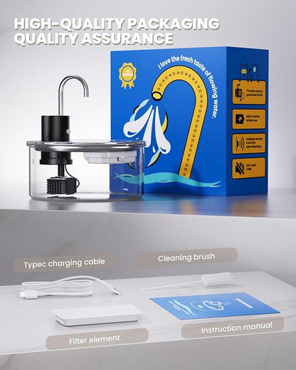 Wireless Cat Water Fountain Glass - 108oz/3.2L Automatic Ultra-Quiet Cat Water Fountain Cordless, Glass Battery Operated Pet Fountain Rechargeable Water Dispenser for Cats, Puppy, Multiple Pets