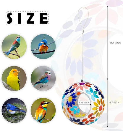 VCUTEKA Bird Feeder Mosaic Fly Through Bird Feeders for Outside Hanging with Round Shape Glass Container to Attract More Wild Birds for Garden, Yard, Backyard, Deck and Porch Decor, 7-Inch