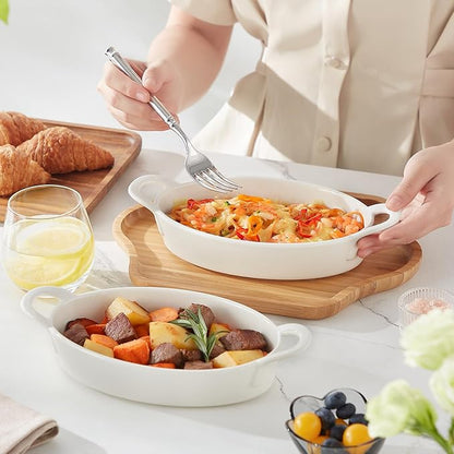 MALACASA Small Casserole Baking Dishes for Oven, Ceramic Oval Baking Dish Sets of 4, 8" x 5" Inch Au Gratin Baking Pans with Handles for Roasting, Lasagna, Pie, Baking Meat & Vegetables, White