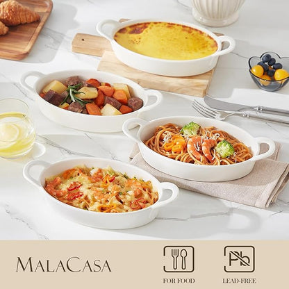 MALACASA Small Casserole Baking Dishes for Oven, Ceramic Oval Baking Dish Sets of 4, 8" x 5" Inch Au Gratin Baking Pans with Handles for Roasting, Lasagna, Pie, Baking Meat & Vegetables, White