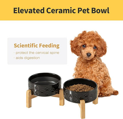 5.1" Raised Ceramic Pet Bowl Set, 1.6 Cup Two Dog Dishes with 2-Height Adjustable Stand,Elevated Food & Water Bowls for Toy Breed Dogs, Protects Cervical Spine (Double Bowls + Stand - Black, 5.1 inch)