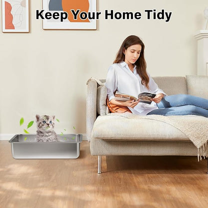 Stainless Steel Litter Box,15.7"×11.8"×4" Metal Cat Litter Box,Small Litterbox for Kitten,Rabbit,Guinea Pigs,Non Stick, No Smell, Easy to Clean