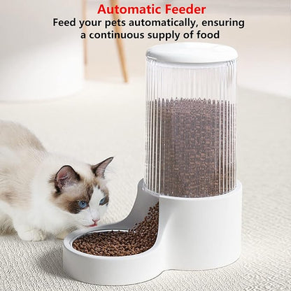 Automatic Cat Feeder, 3.8L Large Gravity Cat Food Dispenser with Detachable Top Lid, Visible Bottle and Stainless Steel Bowl for Pets (White)