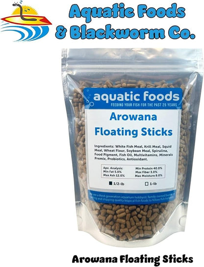 Aquatic Foods Inc. Arowana 3/8" x 7/32" 40% Protein Floating Sticks for Arowana, Oscars, Flower Horns, Red Parrots All Central and South American Cichlids...WL…1/2-lb Foil Pouch Bag