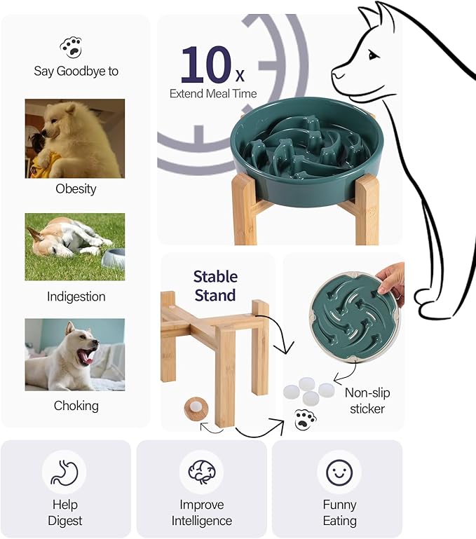 8.26 in Deep Green Dog Bowl Slow Feeder Ceramic for Medium and Large Breed,Elevated/Raised Slow Feeding Dog Food Water Dish Heavy Weighted,Puppy Dish for Fast Eaters,Puzzle Eating Bowl Meteor