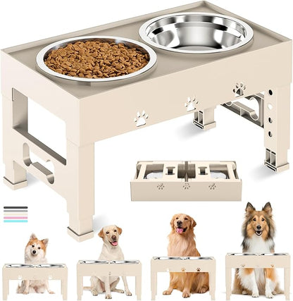 Elevated Dog Bowls with 2 Stainless Steel Bowls, Raised Dog Food Bowl Stand 5 Height Adjustable (3.1", 9", 10", 11", 12") Non-Slip Feeder Set for Medium and Large Dogs - Apricot