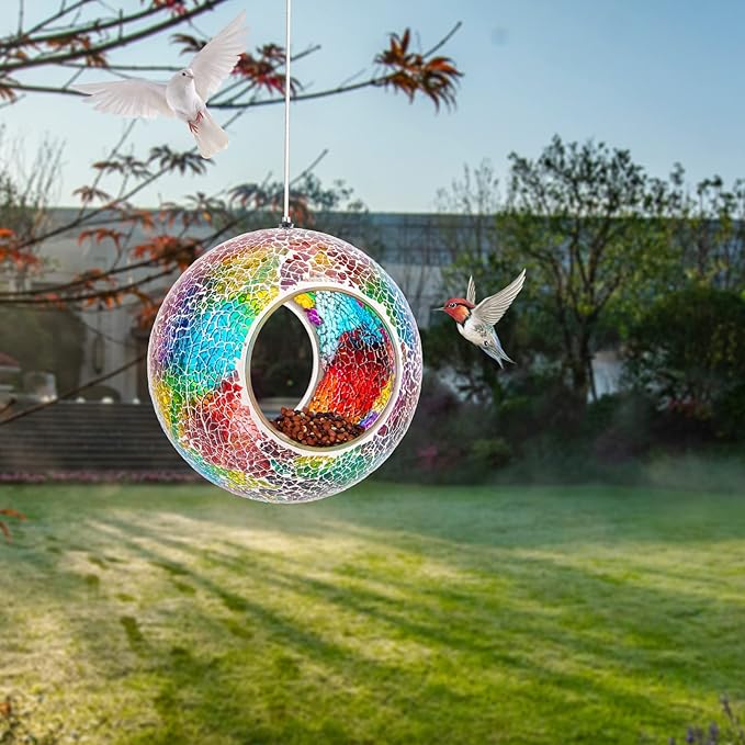 VCUTEKA Bird Feeder Mosaic Fly Through Bird Feeders for Outside Hanging with Round Shape Glass Container to Attract More Wild Birds for Garden, Yard, Backyard, Deck and Porch Decor, Purple 7-Inch