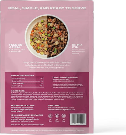 Jinx Beef Grain Free Wet Dog Food Pouches, Meal or Dog Food Topper Mix-in, Made with Real Beef & Chicken, Bone Broth & Brown Rice, No Fillers, Puppy, Adult, Senior, 9oz, 6 Pack