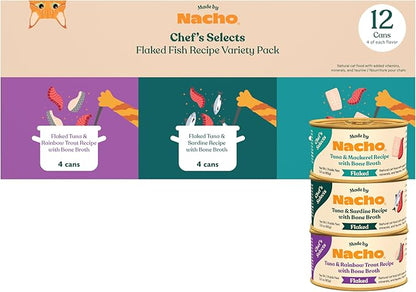Made by Nacho Flaked Filets Recipe in Bone Broth, Grain-Free Chef's Selects Wet Food for Cats Balanced Diet in Naturally Hydrating Pumpkin-Infused Broth (3.0 oz (Pack of 12), Flaked Fish Variety Pack)