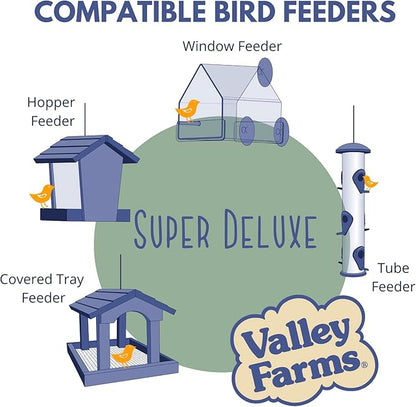 Valley Farms Super Deluxe Wild Bird Food for Outside feeders - 0% fillers - Loads of Sunflower Seed - w/Peanut kernels -Feed More Birds w/Less Seed (4 LBS)