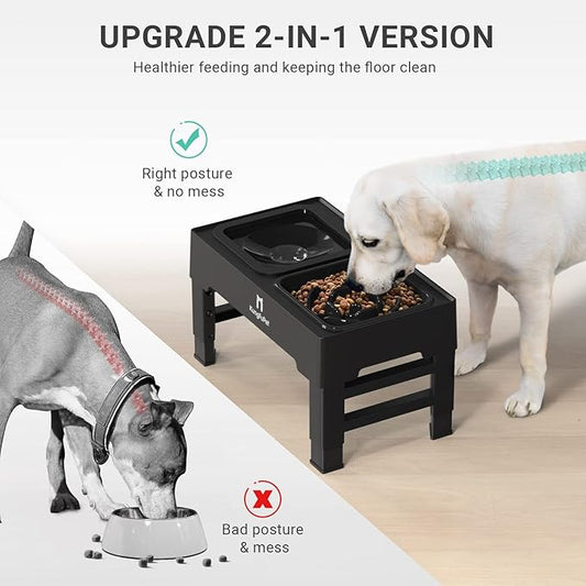 Elevated Dog Bowls, 2-in-1 Raised Slow Feeder Dog Bowls Stand with Anti Spill Non-Skid No Shaking Water Bowl 4 Height for Large Medium Dogs[Upgrade Version]