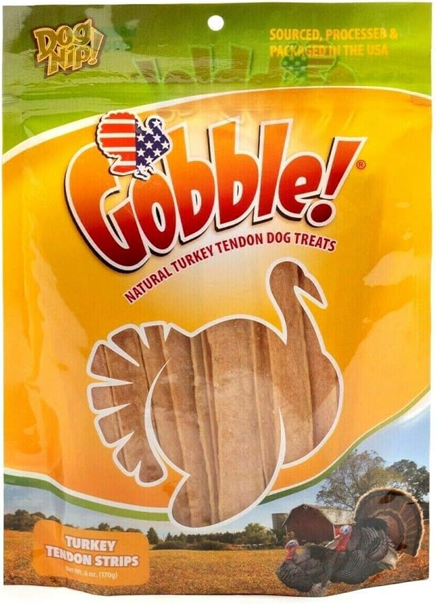 Gobble! 6-Inch Turkey Tendon Strips for Dogs, 6 oz. (170g) Reseal Value Bag, Made in USA, All-Natural Hypoallergenic Dog Chew Treat | Sourced, Processed & Packaged in The USA | (45-50 Pieces)