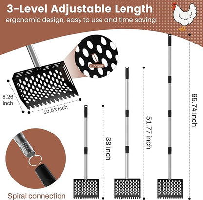 2-in-1 Chicken Poop Scooper & Rake,10" Wide Metal Sand Sifting Shovel with Grip,Chicken Coop Scoop for Poop Shavings Cleaning,Litter Scooper for Chicken Coop Accessories,Adjustable Handle (24" to 66")