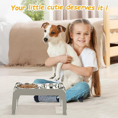Elevated Dog Bowls 3 Height Adjustable Raised Bowl Stand with 25oz Stainless Steel Dog Food Bowls Anti-Slip for Small Dogs Adjusts to 7.5", 6", 2.75", Grey