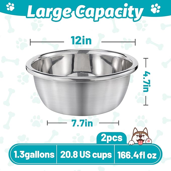 2Pcs 1.3 Gallons Large Dog Bowls - Food Grade Stainless Steel Metal Water Bowl, Ample Capacity & Easy to Clean Food Bowls for Large X-Large Dogs Indoor Outdoor