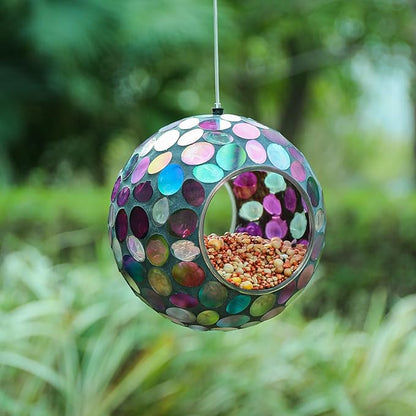 VCUTEKA Mosaic Bird Feeder, Round Glass Container Hanging Bird Feeders for Gardens, Yards, Decks to Attract Wild Birds, 7-Inch Purple