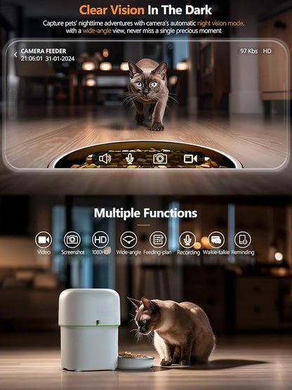 Automatic Cat Feeder with Camera - 5G WiFi Auto Cat Food Dispenser, 1080P HD Video with Night Vision, 1-15 Meals, 1-99 Portions, 2-Way Audio, Keeps Food Fresh, Timed Pet Feeder Also for Dogs