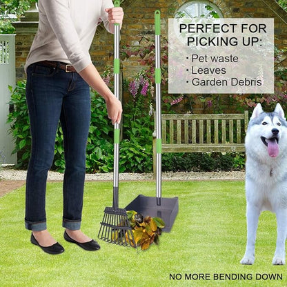 TNELTUEB Extra Large Dog Pooper Scooper, Metal Pet Poop Tray & Rake Set, Adjustable Long Handle for Large Dogs - Great for Grass/Street/Gravel