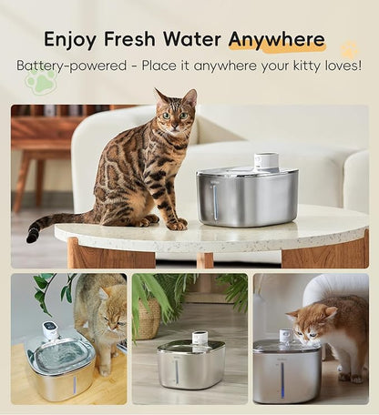 Cat Water Fountain Stainless Steel, 138fl.oz / 4.1L Wireless Cat Fountain, Pet Water Dispenser Cordless for Cats & Dogs Indoor