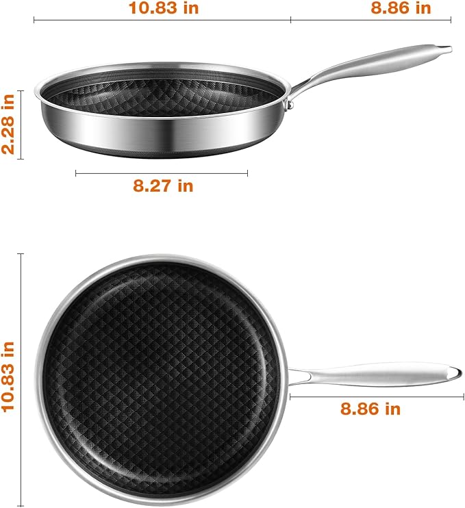 10-Inch Non Stick Frying Pans, Ceramic Coating NonStick Stainless Steel Pan Set, Tri-Ply Skillets and Pan Set with Lid, Cool-Touch Handle, Dishwasher and Oven Safe