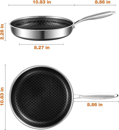 10-Inch Non Stick Frying Pans, Ceramic Coating NonStick Stainless Steel Pan Set, Tri-Ply Skillets and Pan Set with Lid, Cool-Touch Handle, Dishwasher and Oven Safe