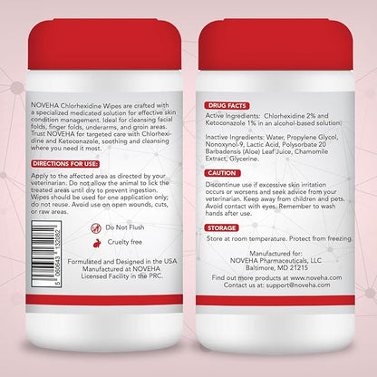 NOVEHA 120PCs XL Formulated Pet Wipes for Dogs & Cats - Safe for Facial & Finger Folds, Underarms, Groin, Hot Spots, Redness & Skin Relief, On-The-Go Size 5.5" x 7"