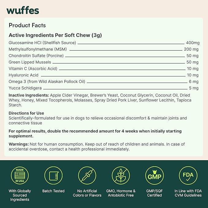 Wuffes Advanced Dog Hip and Joint Supplement with Glucosamine, Chondroitin, Omega 3, MSM, and Green Lipped Mussel, 120 Pork Flavored Chews for Small Dog Breeds