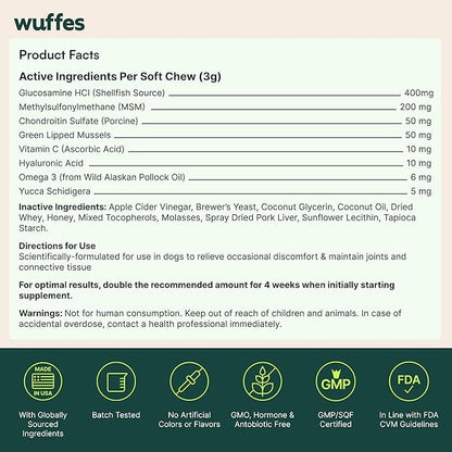 Wuffes Advanced Dog Hip and Joint Supplement with Glucosamine, Chondroitin, Omega 3, MSM, and Green Lipped Mussel, 120 Pork Flavored Chews for Small Dog Breeds