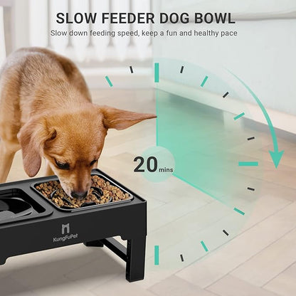 Elevated Dog Bowls, 2-in-1 Raised Slow Feeder Dog Bowls Stand with Anti Spill Non-Skid No Shaking Water Bowl 4 Height for Large Medium Dogs[Upgrade Version]