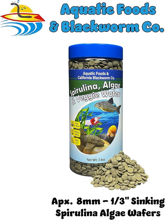 Aquatic Foods Inc. 8mm - 1/3" Small Sinking Wafers of Spirulina, Algae for Bottom Fish, Plecos, Catfish, Shrimp, Snails, Crabs, All Tropical Fish, 4-Type Wafer & 12-Type Pellet Mix Included...10oz
