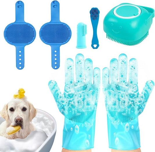 7-in-1 Pet Grooming Kit Dog Washing Gloves and Bath Brush Cat Shampoo Brush & Dog Toothbrush with Silicone Massage Bristles & Bubbler (Blue)