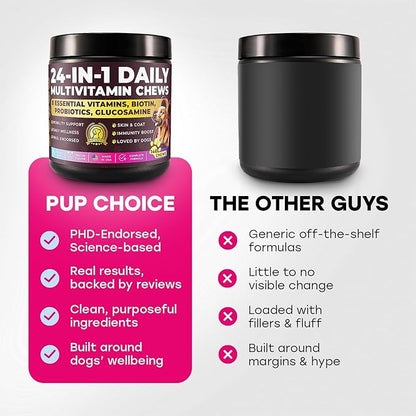 24-in-1 Complete Multivitamin Treats for Dogs - PhD Endorsed 8 Vitamins, Biotin, Probiotics, Glucosamine - Daily Wellness, Immunity, Skin & Coat, Mobility 140 Treats - Bacon Flavor - Made in USA