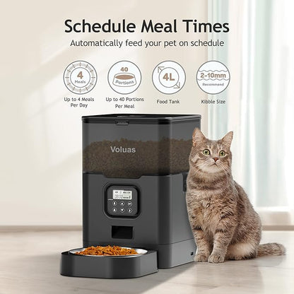VOLUAS Automatic Cat Feeders - Pet Dry Food Dispenser with Timer, Automatic Cat Feeders with Desiccant Bag, Programmable Portion Size Control 4 Meals Per Day, 10s Voice Recorder