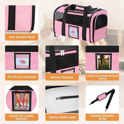 Pet Carrier 17Lx12Wx11H inches, Airline Approved,Pet Travel Carrier Bag for Small Cats and Dogs, Soft Dog Carrier for 1-25 LBS Pets,Dog Cat Carrier with Safety Lock Zipper (Pink)