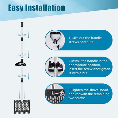 10-inch Large Metal Chicken Poop Scooper＆Rake 2-in-1 with Ergonomic Grip Adjustable Long Handle(36 to 61 Inches) for Cleaning Chicken Sand,Chicken Poop Sifting Shovel,Chicken Coop Accessories﻿