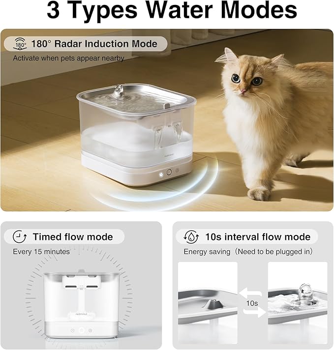 Cat Water Fountain Stainless Steel Battery Operated with Wireless Pump 84oz/2.5L Cat Water Dispenser Cordless Water Fountain with Motion Sensor, Ultra Quiet Pump, Multi-Filtration, Easy Clean