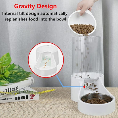 Automatic Cat Feeder, 3.8L Large Gravity Cat Food Dispenser with Detachable Top Lid, Visible Bottle and Stainless Steel Bowl for Pets (White)