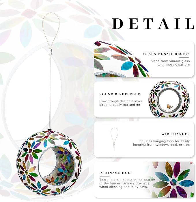 VCUTEKA Bird Feeder for Outside Hanging with Round Shape Glass Container to Attract More Wild Birds, Mosaic Fly Through for Garden, Yard, Backyard, Deck and Porch Decor, 7-Inch