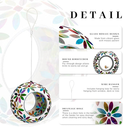 VCUTEKA Bird Feeder for Outside Hanging with Round Shape Glass Container to Attract More Wild Birds, Mosaic Fly Through for Garden, Yard, Backyard, Deck and Porch Decor, 7-Inch